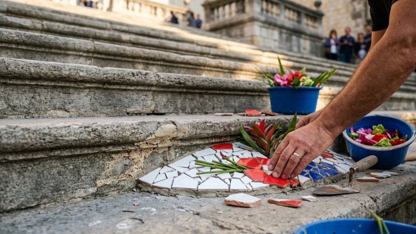Girona inaugura Temps de Flors este sábado tras una huelga de basuras: Teresa Vidal planta 42 bloques de “Trencadís en flors” en la Catedral