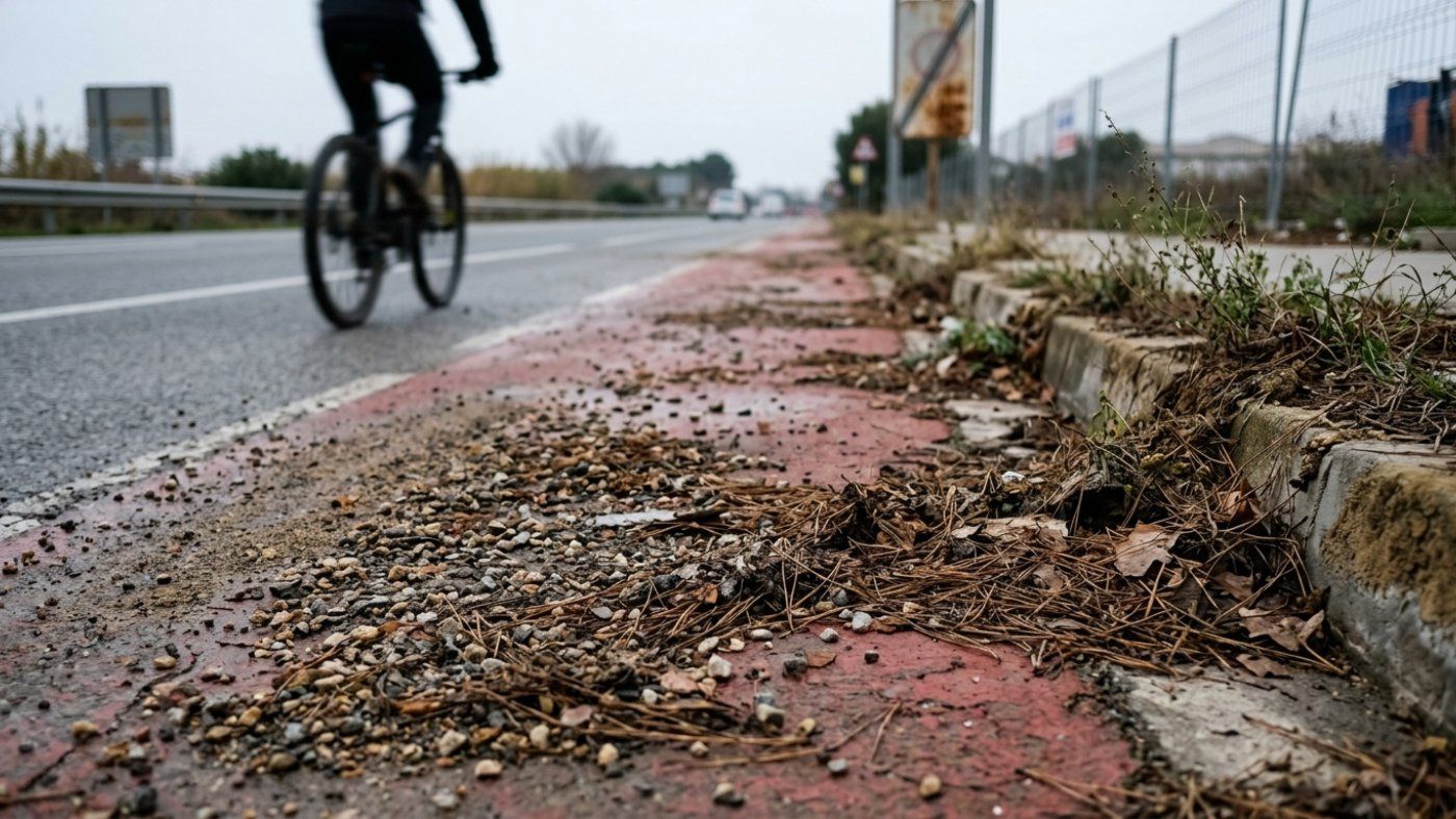 Reus mantiene el carril bici de la TV-3141 con grava y sin papeleras y ciclistas como Vicenç Pena ya han sufrido caídas