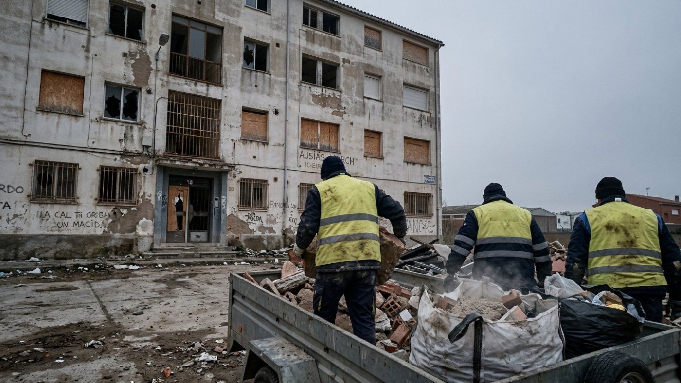 The cleaning of Casa47 starts in Alcoletge after the 2022 looting: 60 apartments have been empty since 2019