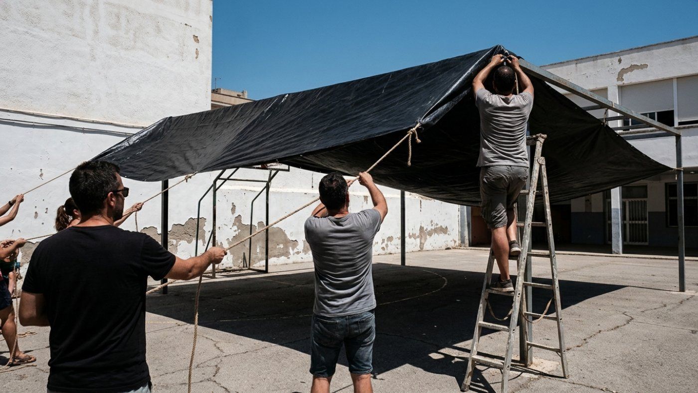Families install black tarps in Catalan classrooms amid thermal risk that regulations ignore