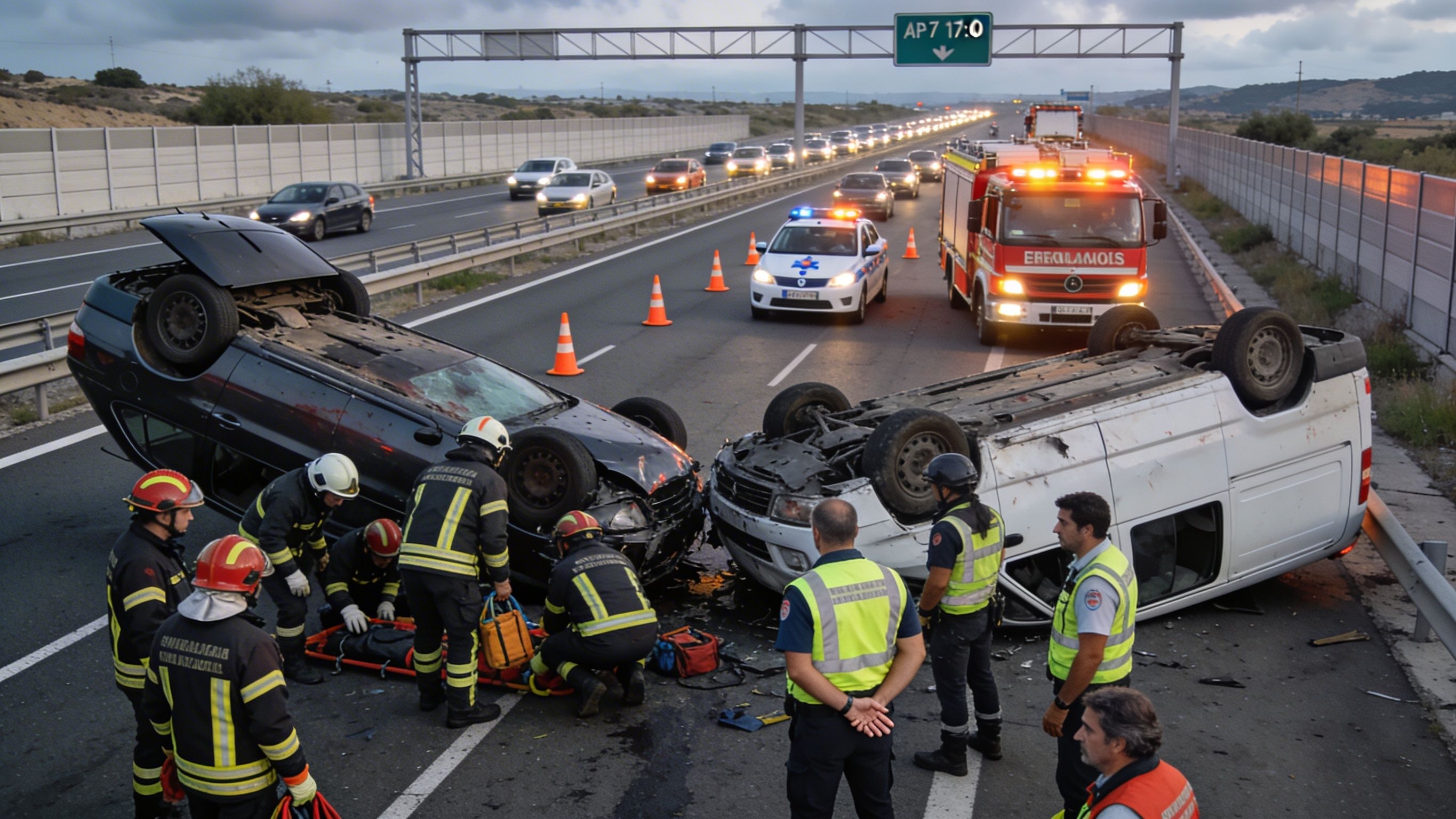 Només un carril obert a l'AP-7 nord després d'una col·lisió amb dos cotxes bolcats Només un carril obert a l'AP-7 nord després d'una col·lisió amb dos cotxes bolcats