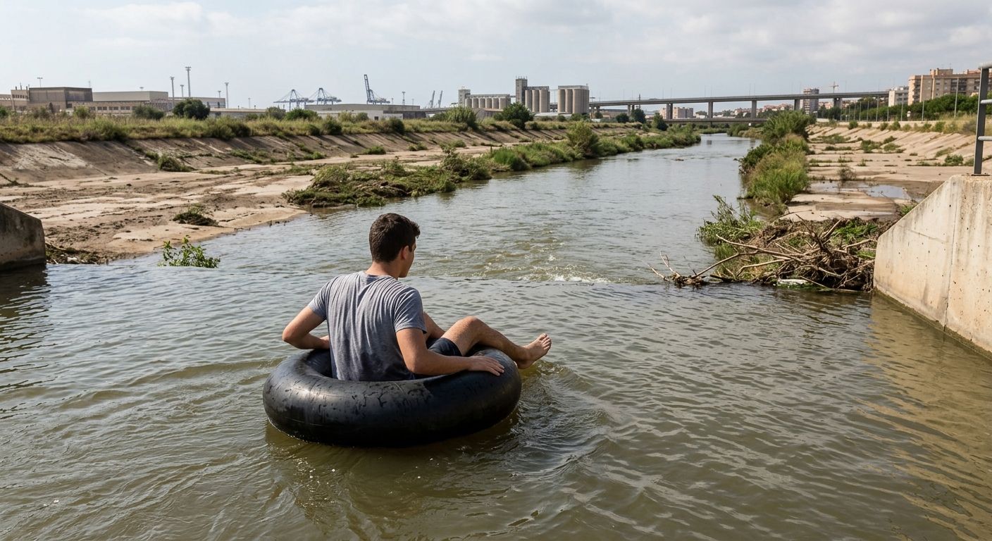 Un joven navega en flotador por el Francolí que normalmente no tiene agua en su desembocadura