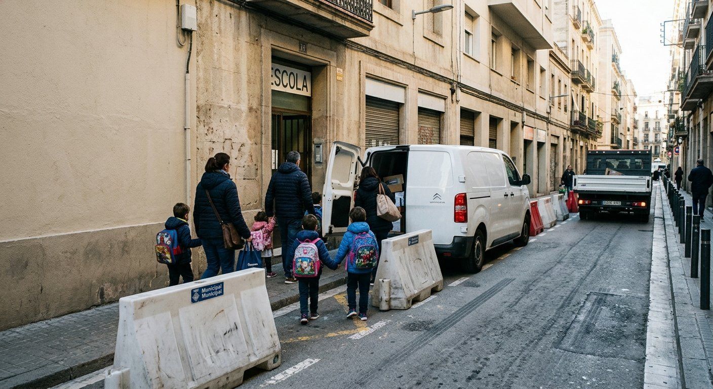 220 alumnos comparten puerta con furgonetas en la Escola Cervantes y Puigmal